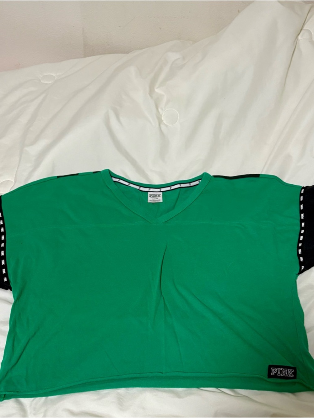 PINK Green V-Neck Pullover with Black-Trim Neckline